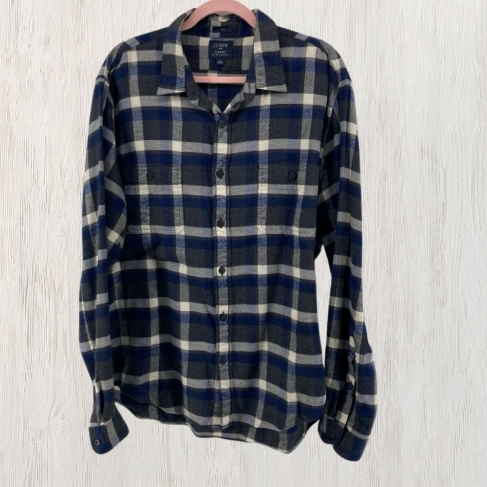 J.Crew Men XL Slim Fit Flannel Shirt Blue Plaid Cotton Long Sleeve Button Up
